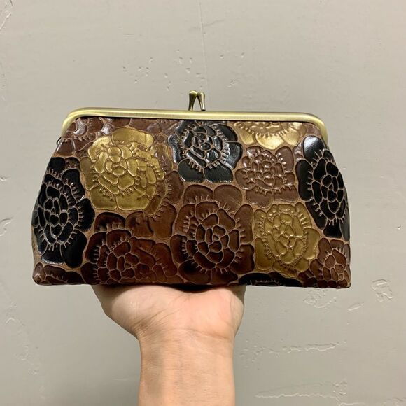 Handmade Genuine Leather Floral Embossed, Metal Frame Small Clutch/Phone Case - Picture 7 of 11